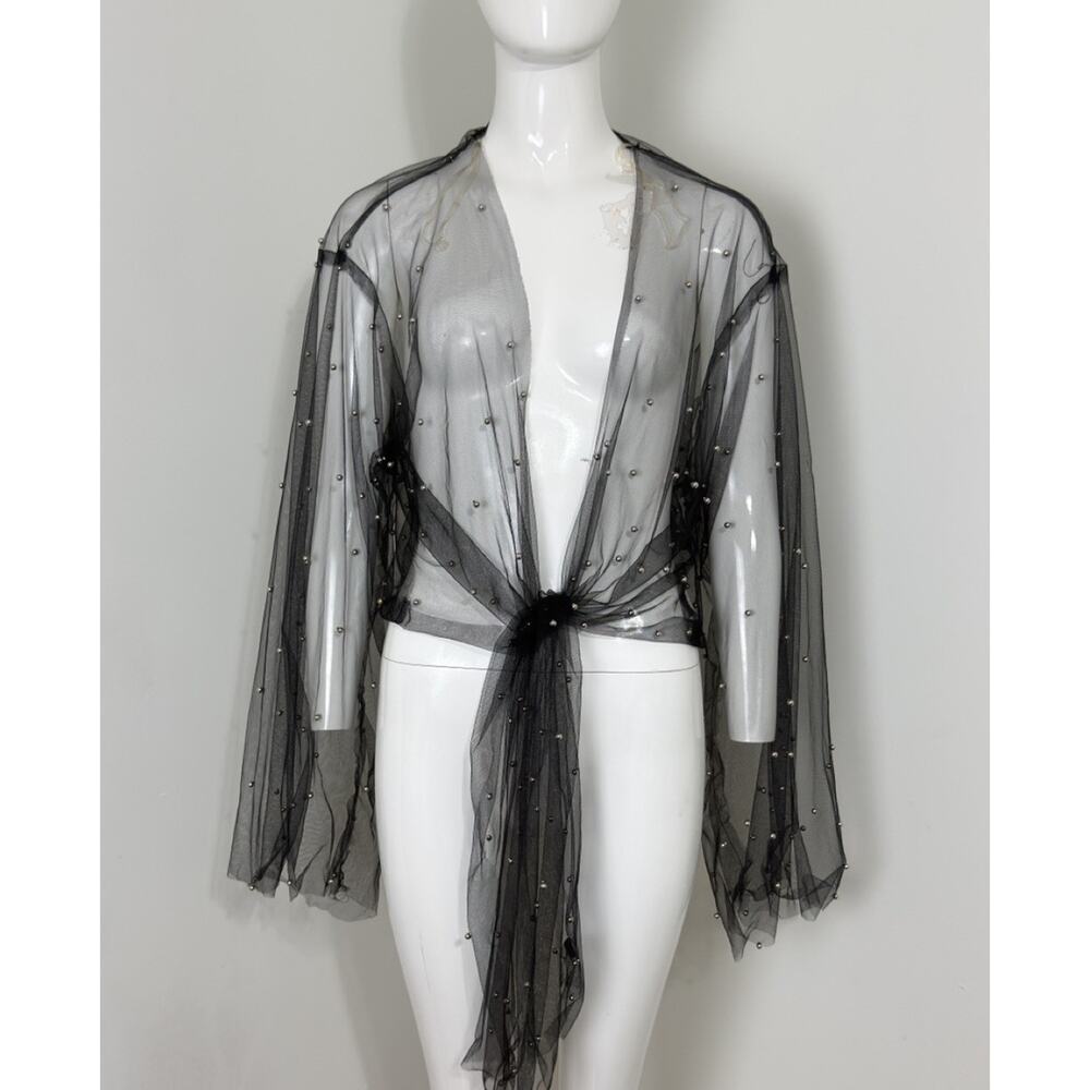 Sheer Black Mesh Beaded Kimono Cardigan Long Sleeve Tie Front Fairy Grunge M NWT